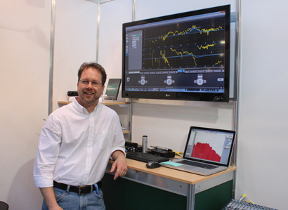 Jamie Anderson from Rational Acoustics demonstrates the Apex Intelli-Ware 1.4 integration with Smaart v.7 at the Prolight + Sound show in Frankfurt