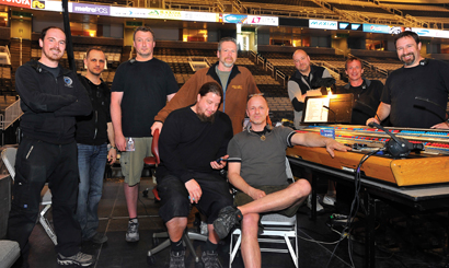 Any successful tour requires a great team. Shown here are: (back row, left to right): Etienne Lapré (L-Acoustics K1 system engineer); Jeff Tweedy (Steve Van Zandt guitar tech); Troy Milner (stage right monitor engineer); John Cooper (FOH engineer); John Bruey (crew chief/system engineer); Ray Tittle (system tech); Monty Carlo (stage left monitor engineer). Front row, left to right: Rob Zuchowski (system tech); Klaus Bolender (system engineer).