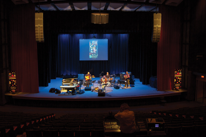 The Jack DeJohnette Group soundchecks during recent the Tri-C JazzFest 2012 at Cuyahoga College’s Tri-C Metro Auditorium, where four ARCS II speakers are employed as the center cluster, flanked by L/R hangs with six KARA and two SB18 subs.