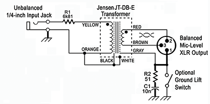 Fig. 1: A basic passive direct box using a Jensen JT-DB-E transformer, with color-coded hookup wires. Although this has a ground lift switch, other passive DIs may include pad/attenuator or polarity reverse switches and a second 1/4-inch “thru” jack wired in parallel to the input. Image courtesy of Jensen Transformers.