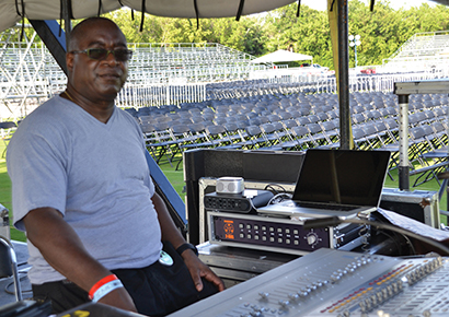 FOH mixer Horace Ward with the Dangerous Music 2-Bus summing amp, just before mixing an Usher show at the Moon Palace Resorts in Cancun, Mexico, 2012.