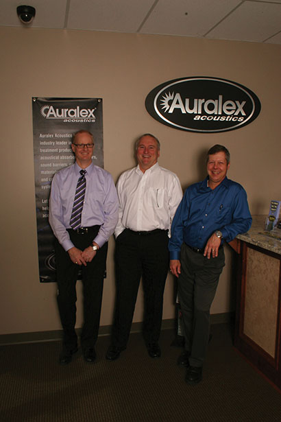 From left, Auralex Acoustics director of operations Andy Symons, CEO Mark Henderson and director of sales David Brune