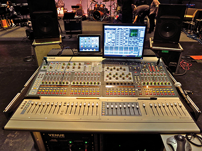 This up-front console placement during the setup for the James Taylor show was later relegated to a less-than-ideal position where near-field monitors were a must.