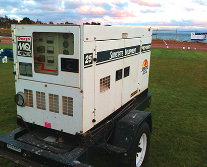 Control panel of a typical medium-sized production generator — in this case, a 25kW MQ Power WhisperWatt. Note the ground rods stored on the right side of the trailer, above the wheel well.