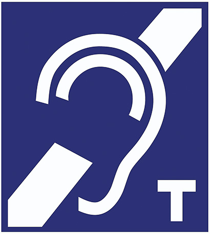 This ADA-compliance sign has a “T” designation indicating the availability of a telecoil system.