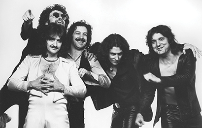 The 1970’s-era Blue Öyster Cult (left to right): Donald “Buck Dharma” Roeser (front), Eric Bloom (rear), Albert Bouchard, Allen Lanier and Joe Bouchard.