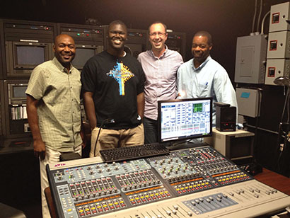 Erik Beyer (in glasses) with Antioch's audio crew in the upstairs production suite.