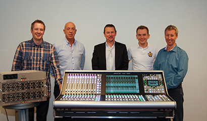 SSL Names Alfa Audio, Arva Trading Distributors for Live Console in Denmark, Sweden. Pictured here from left are Marcus Agnesund (Product Manager, Arva Trading), Ronny Sjöstrand (Technical Manager, Arva Trading), Olof Arvidsson (Owner of Arva Trading and Alfa Audio), Morten Uldbaek (Product Manager, Alfa Audio), Lars Frederiksen (Managing Director, Alfa Audio).