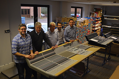 From left, Tom Waterman, Simon Blackwood, David Dearden, Steve Flower and Luke Baldry in the factory at Audient’s HQ in Hampshire, U.K.