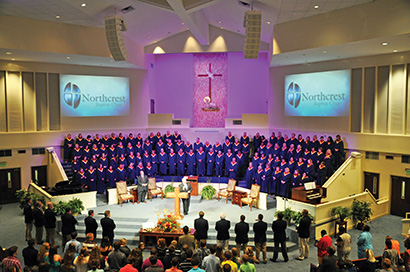 The sanctuary at Northcrest Baptist Church, Meridian, MS. Creative Sound Solutions installed a system that includes 16 WorxAudio X1i-P powered installation line arrays for house mains as well as an additional two X1i-P enclosures serving as choir monitors. Rounding out the system are two TL118SSi-P powered subs, two V5M-P ultra-compact powered fill/monitors, plus four Wave Series 8M two-way, high efficiency, stage monitors.