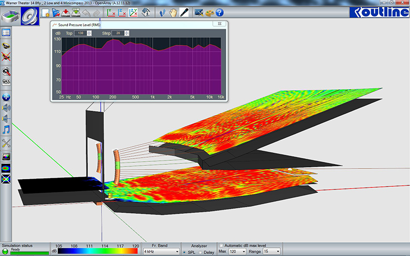 Open Array software prediction for Washington D.C.’s Warner Theatre, showing the effectiveness of a mid-height line array hang covering multiple zones. Image courtesy of Outline