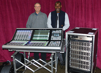 Louis Adamo (left) and Sidney Wilson of Hi-Tech Audio with SSL Live Console