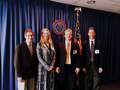 At the FCC in DC, from left: Joe Ciaudelli, Sennheiser; Jackie Green, Audio-Technica; Mark Brunner, Shure; Karl Winkler, Lectrosonics