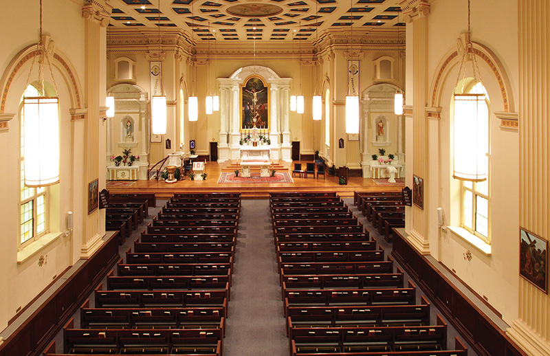 One non-powered solution: For St. John the Evangelist Church in Frederick, MD, Audio Video Group installed a system based on Community ENTASYS columns, Lab.gruppen amps and a Biamp AudiaFLEX providing automatic mixing, speaker delay and system EQ.