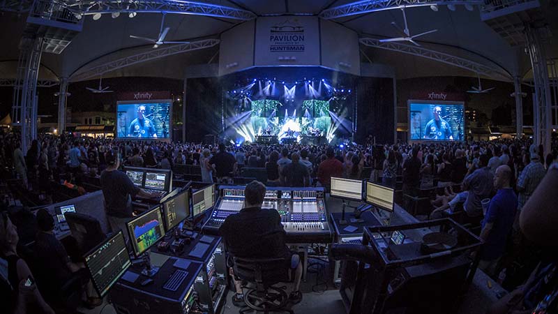 At the Cynthia Woods Mitchell Pavilion, just north of Houston, Linkin Park FOH mixer Ken “Pooch” Van Druten keeps the house level around 97 dB. Photo by Vic Wagner