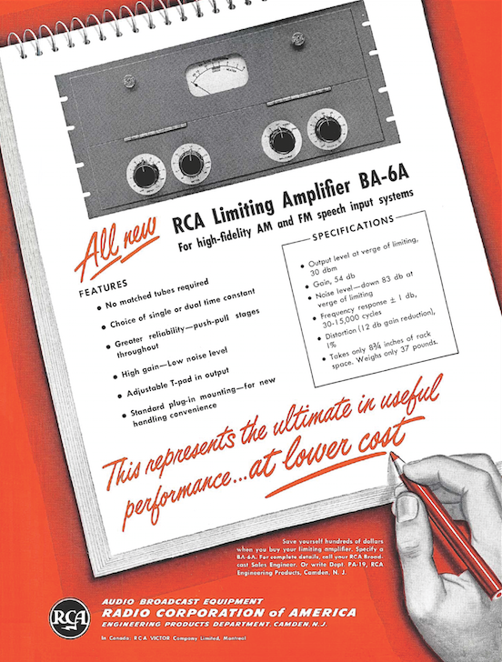 Fig. 1: This 1952 ad for RCA’s BA-6A vari-mu compressor emphasizes specs, features and a sepia-toned product shot.