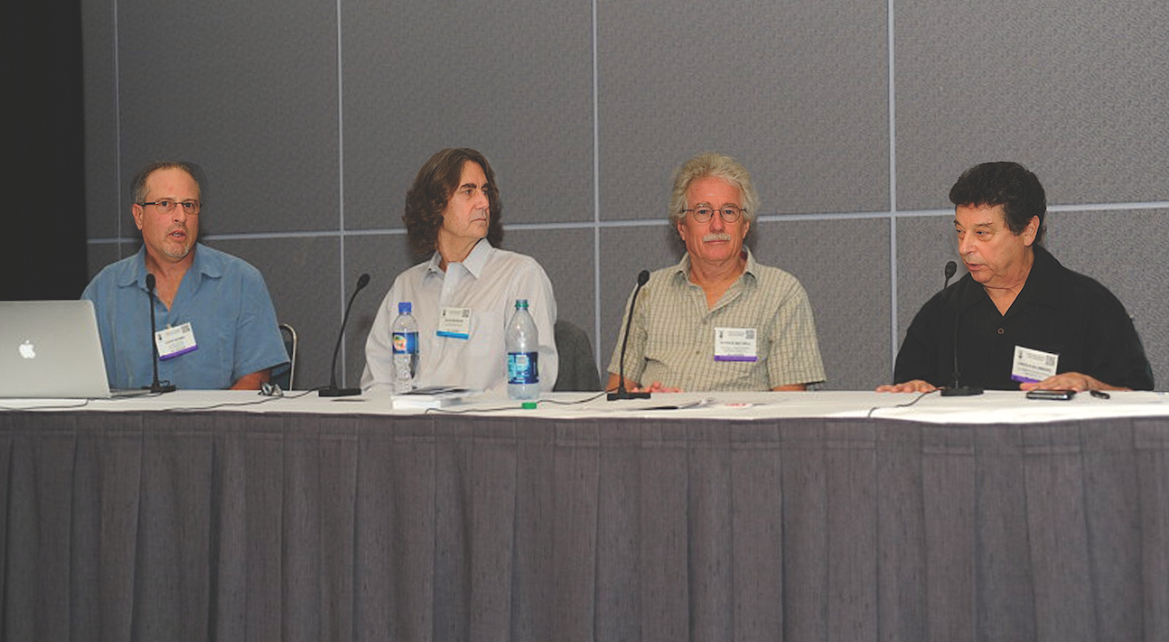 During the 2014 AES show, David Morgan (second from left) participated in a technical discussion panel on the programming and operational aspects of the different user interfaces that have evolved for live digital consoles. Also pictured (left to right) are Louis Adamo, Patrick Baltzell and Harold Blumberg.