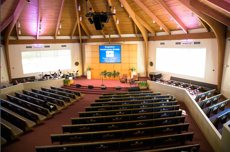 Low-profile wedge monitors can reduce the chance of blocking views from seated parishioners. In some sanctuaries — such as here in Austin’s Unity Church of The Hills — the monitors can be “stairstepped” to increase sightlines even farther.