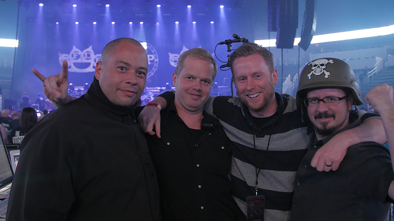 Crew, left to right: 5FDP FOH Bruce Reiter, Volbeat FOH Mads Mikkelsen, James Oliver from Adamson Systems and system tech Cameron Whaley strike a pose before showtime