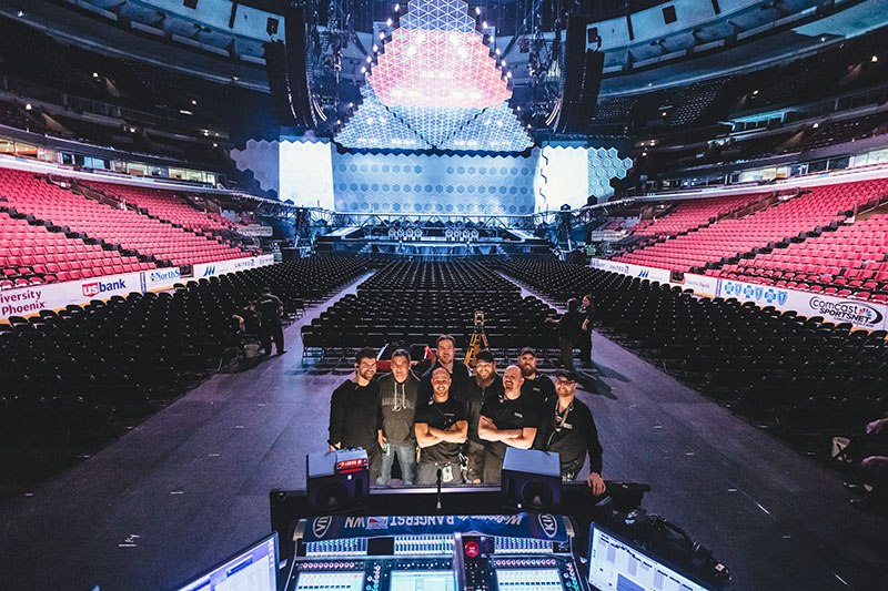 The audio crew, from left, include stage tech Alex Bibeau, FOH engineer Andy Meyer, crew chief Colin St-Jacques, monitor engineer Paul Klimson, monitor tech Matt Holden, system tech Étienne Lapre, P.A. tech Marc Blanchard and RF tech Éric Marchand. All photos by Sara Bill.