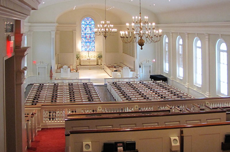 The stealth approach: Two Renkus-Heinz IC24-R-II columns installed into the Old St. Louis Cathedral (St. Louis, MO) solved both intelligibility and aesthetic issues, with the speakers easily fading into the look of the sanctuary.