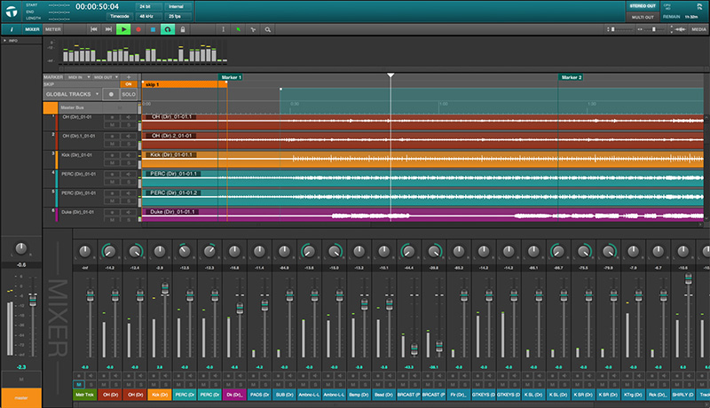 The mixer view in Waves Tracks Live