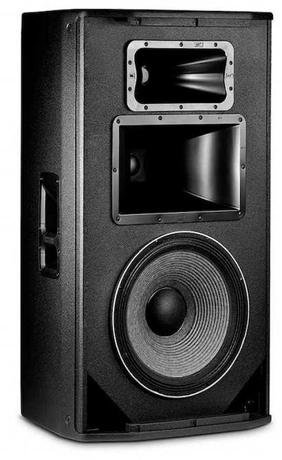 The JBL SRx835 with front grill removed, showing component layout on the front baffle.