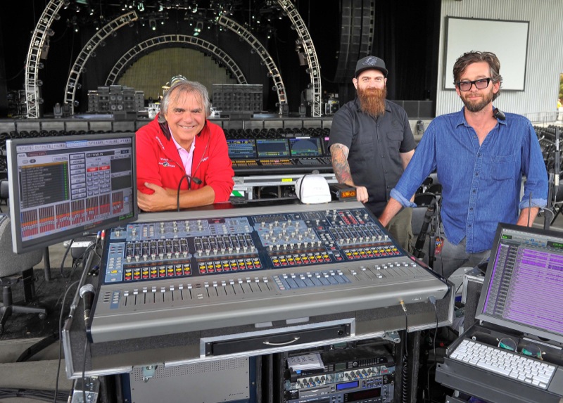 The FOH crew included, from left, Greg Price, Ben Rothstein and Myles Fontaine Crosby (mixer for opening act Kenny Wayne Shepherd). (c) Steve Jennings