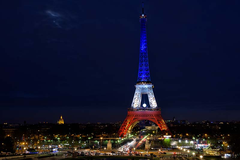 After the attacks, the Eiffel Tower lit up in a defiant red, white and blue.