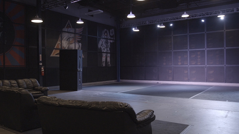 Empty Clair S4 cabinets form the outer perimeter walls of the rehearsal room. Photo by David Morgan