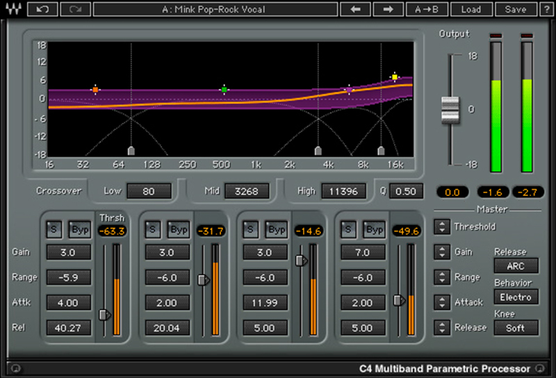 Waves C4 is a multiband compressor plug-in that divides the frequency spectrum into four bands, providing control over Attack, Release, Range and Makeup Gain per band.