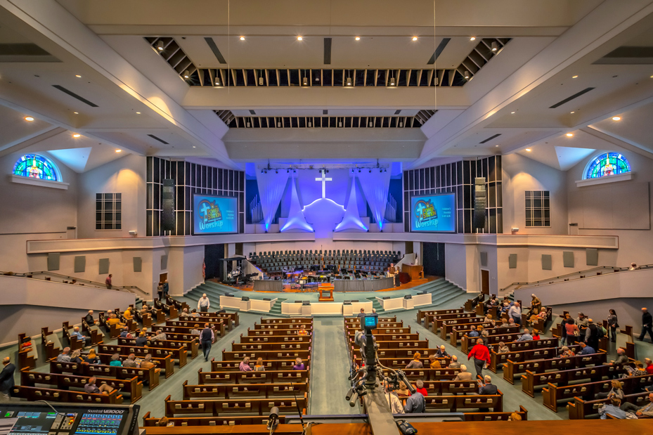 The main sanctuary at Hendersonville First Baptist Church, as seen from the balcony. All photos by Chris Demonbreun