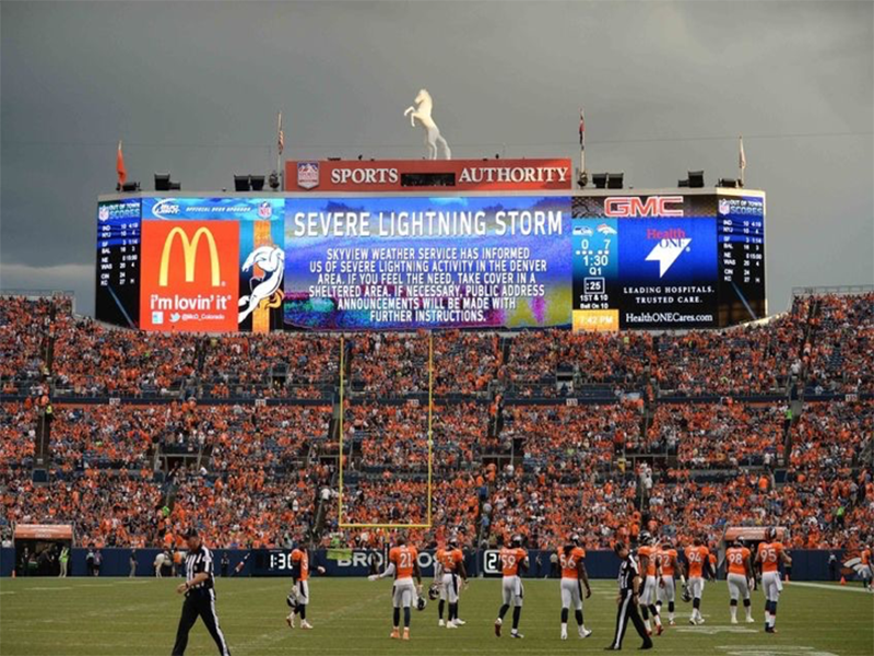 LED screens and P.A. announcements can be used to keep crowds aware of impending bad weather. Pictured here, an alert during a Denver Broncos game.