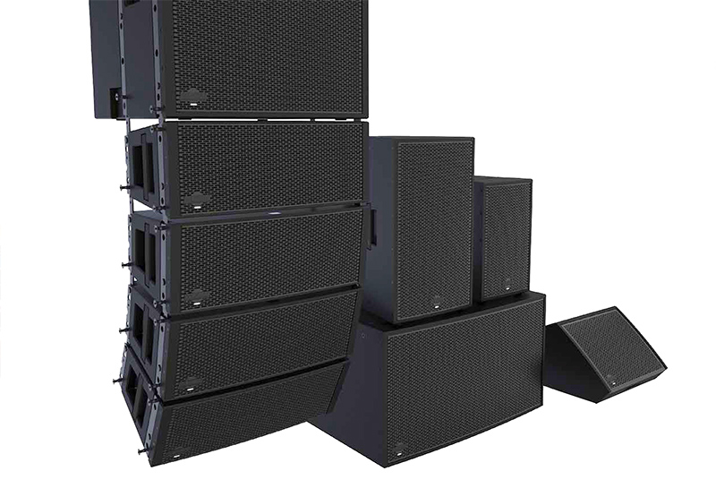 The Radius family (L-R) includes the RSX12 subwoofer (at top of array), RSX208L line array modules and RSX12 and RSX8 point source speakers on top of the RSX18 single-18 sub. At bottom right is the RSX12M coaxial-12 stage monitor.