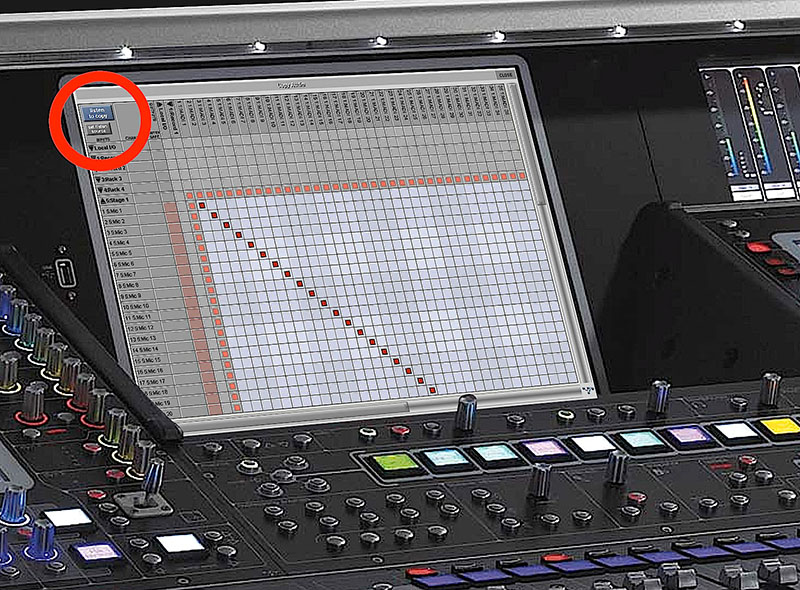 Fig 1: Location of the ‘Listen to Copy’ and ‘Set Listen Source’ buttons on the Audio Router screen of a DiGiCo SD5 console.