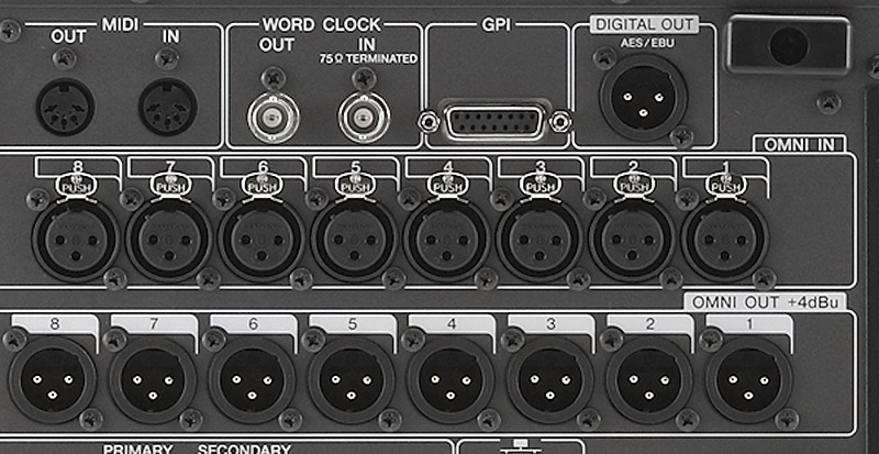 Fig. 1: Word Clock in and output jacks in BNC format on the rear panel of a Yamaha CL5 digital console.