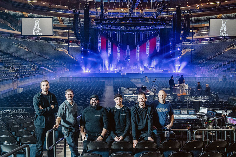 The audio crew, from left - Dave Shatto, system engineer; Cameron Whaley, audio crew chief; Matt Garrett, P.A. tech; Brad Galvin, monitor engineer; Marc Estrin, P.A. tech and FOH engineer/system designer Josh Osmond. Photo by Andrew Kelly.