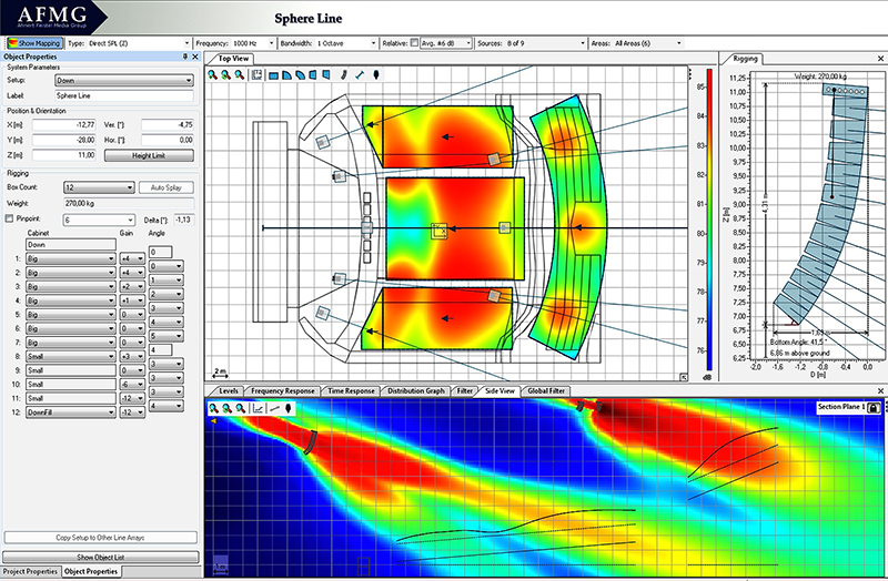 Coverage prediction in version 3 of AFMG’s EASE Focus software. The lower pane indicates an area of minimal sound energy striking the balcony face, thus reducing unwanted reflections and slapback.