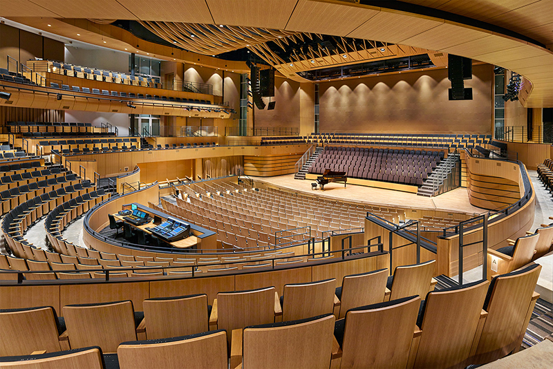 The main concert hall at Liberty University’s School of Music is shown here with the telescoping choir seating in place. Spacious FOH position features a DiGiCo SD5 house console. Photo by Alan Karchmer