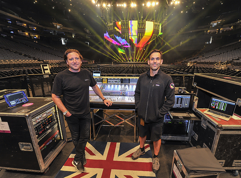 From Left, FOH Engineer Chris Marsh and System Tech Charlie Albin. 2017 Ed Sheeran World Tour photo by Steve Jennings