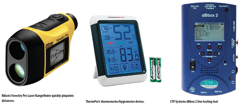 Nikon’s Forestry Pro Laser Rangefinder, ThermPro’s thermometer/hygrometer device and CTP Systems dBbox 2 line testing tool