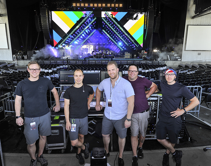 From left, Kyle Fletcher (P.A. tech), Dave McMullin (monitor engineer), Trey Smith (FOH engineer), Sean Henry (crew chief/system engineer) and Cory Benson (monitor tech). Photos by Steve Jennings