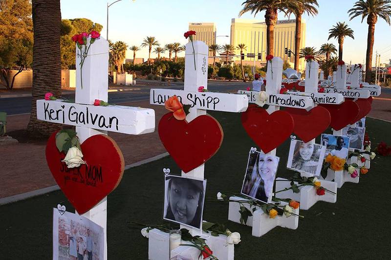 The 58 “Crosses for Losses” near the Welcome to Las Vegas sign commemorate victims of the Route 91 Harvest Festival shooting Oct. 1. The crosses were moved to the Clark County Museum in Las Vegas on Nov. 12.