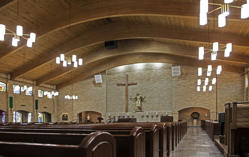 At St. Jude Thaddeus Catholic Church in Beaumont, TX, integrator MSC Systems used Smaart software to calculate the exact alignment of the two Danley TH112 subs (mounted on the third beam) with the four Tectonic Audio PL-11 flat panel mains above the altar.