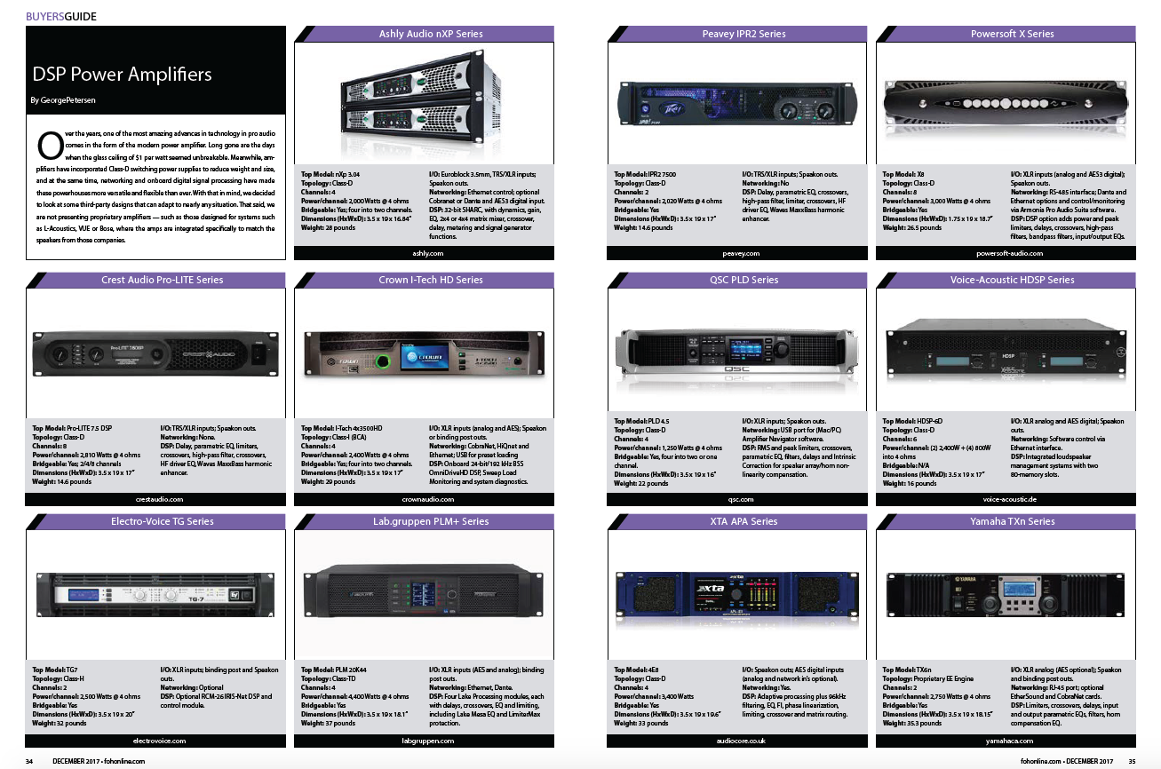 FRONT of HOUSE Buyers Guide, Dec 2017, DSP Power Amplifiers