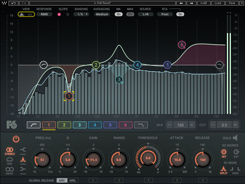 User interface for Waves F6 Floating-Band Dynamic EQ with real-time frequency spectrum analyzer