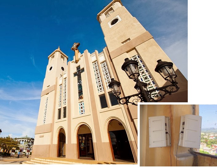 Americlock mounts One Systems 108/HTC loudspeakers to provide coverage around St. Philip the Apostle Cathedral - Puerto Plata