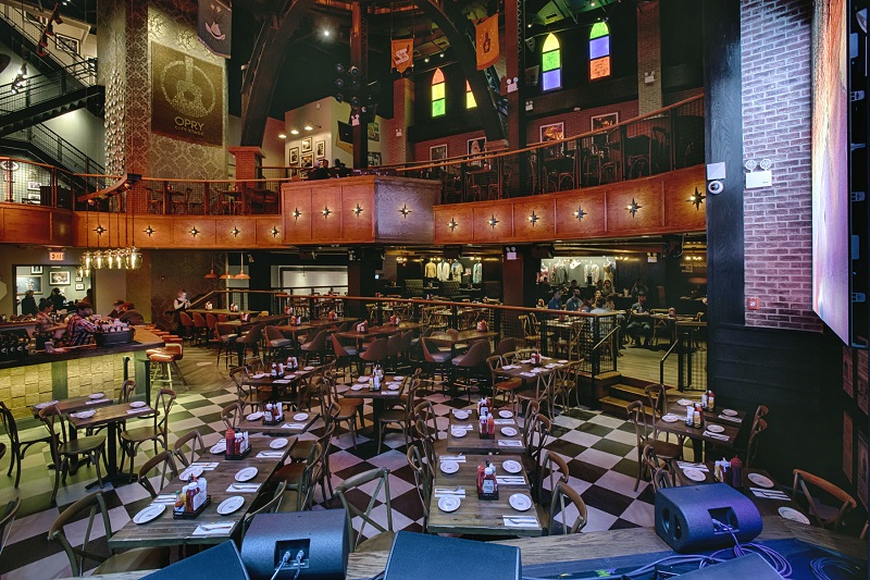 A view of the main dining area from the stage, overlooking several X8 front-fills and X12 wedges