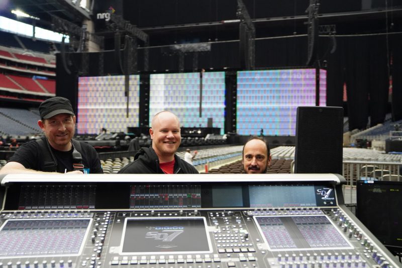 (L-R) Artist monitor engineer James Berry, FOH engineer Stephen Curtin, and band monitor engineer Jimmy Corbin at the On The Run II tour’s primary DiGiCo SD7 FOH mixing console