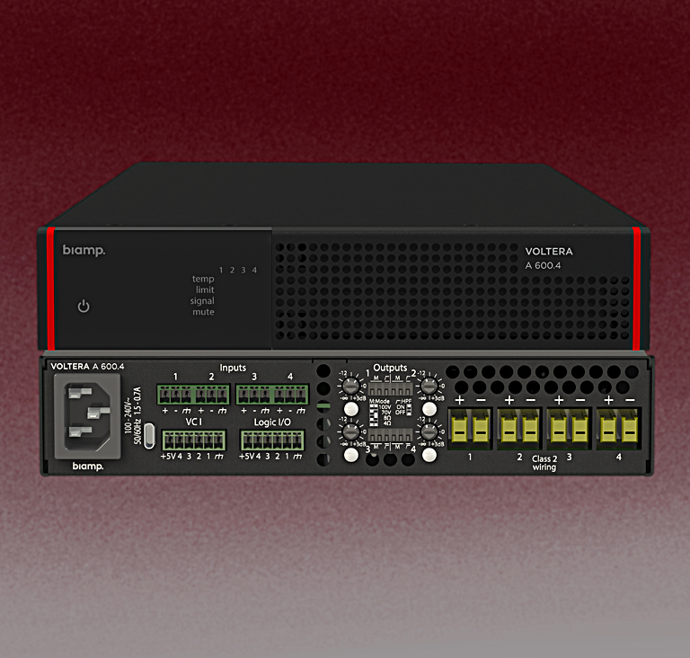 The new Biamp Voltera A600.4 600-Watt, 4-channel amplifiers, with front and back panels shown here